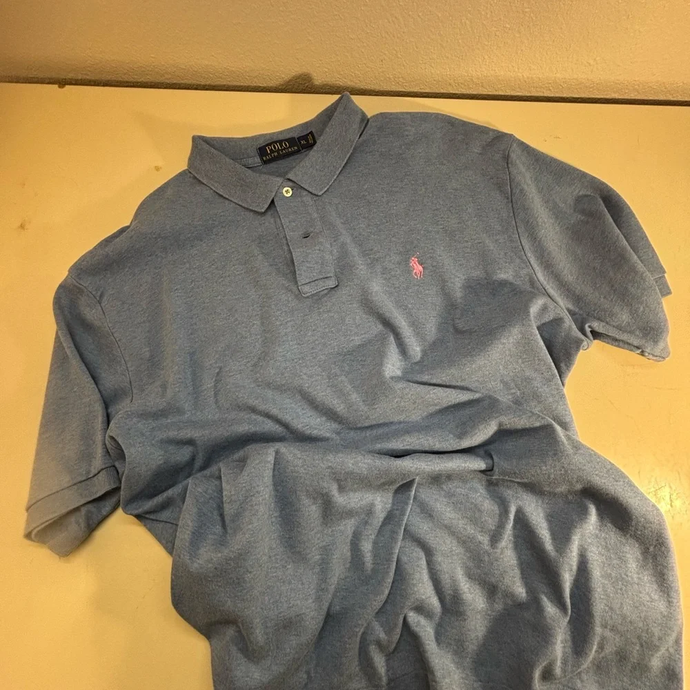 Ralph Lauren Men's Polo in Heather Blue with Pink Logo